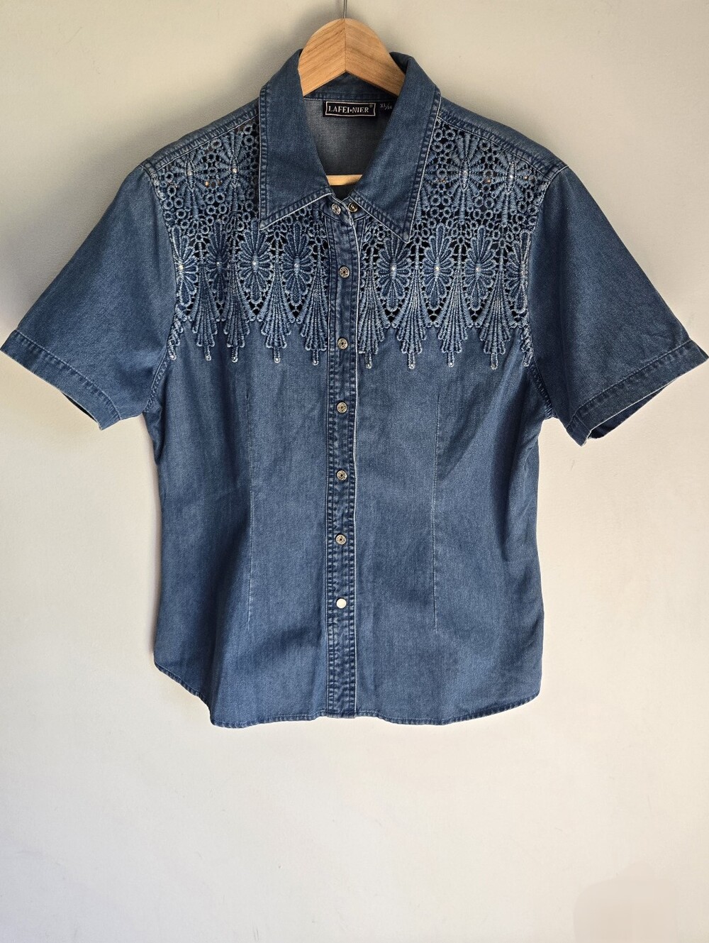 Vintage LAFEI - NIER Denim Button-Up Shirt with Crochet Yoke - Blue